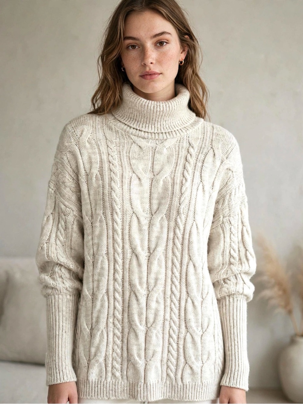 PISTACHE Turtleneck Cable Knit Sweater - Oatmeal - Sz S/M